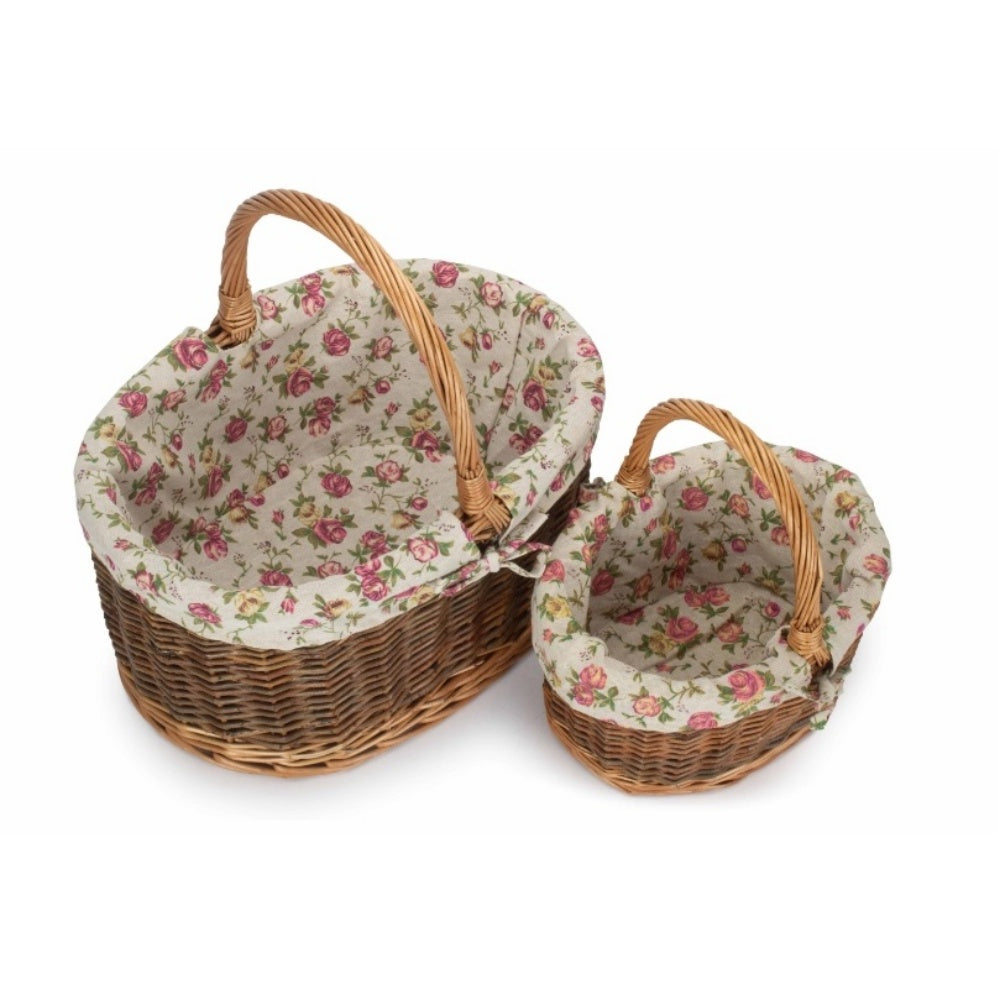 Garden Rose Cotton Lined Country Oval Wicker Shopping Basket