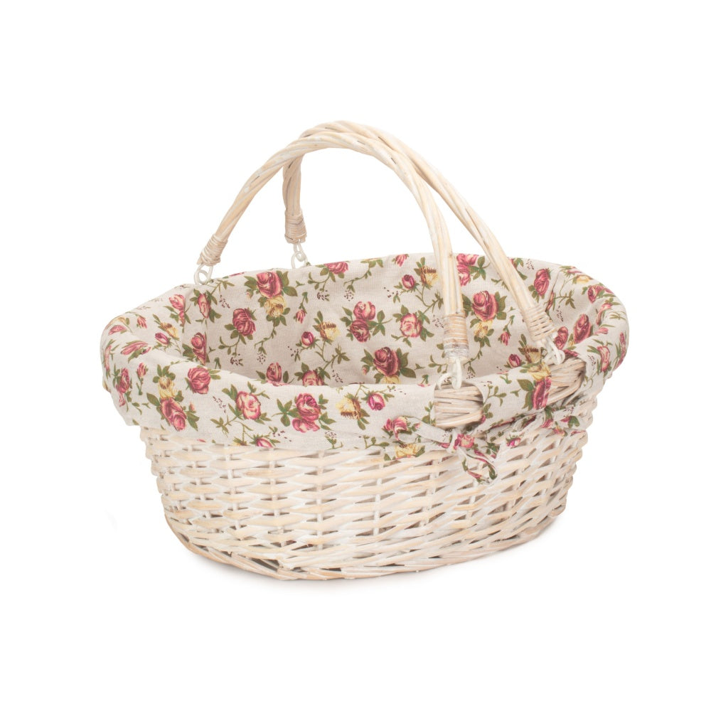 Whitewash Swing Handle Wicker Shopping Basket with Garden Rose Lining