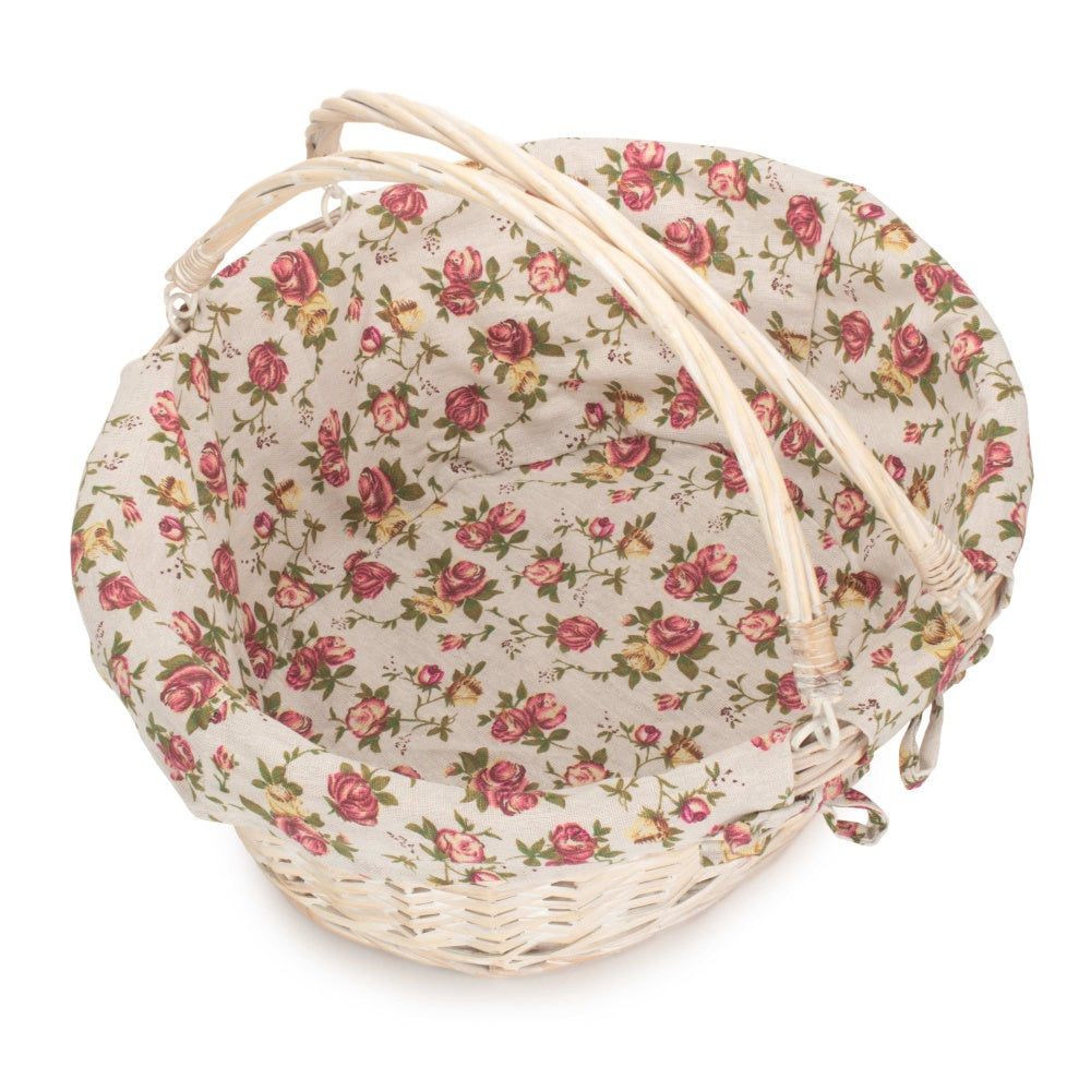 Whitewash Swing Handle Wicker Shopping Basket with Garden Rose Lining
