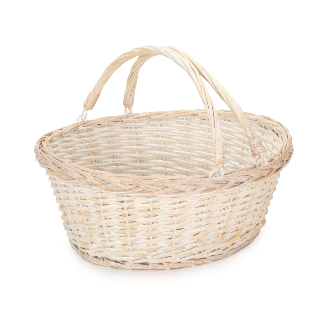 Unlined Whitewash Swing Handle Wicker Shopping Basket