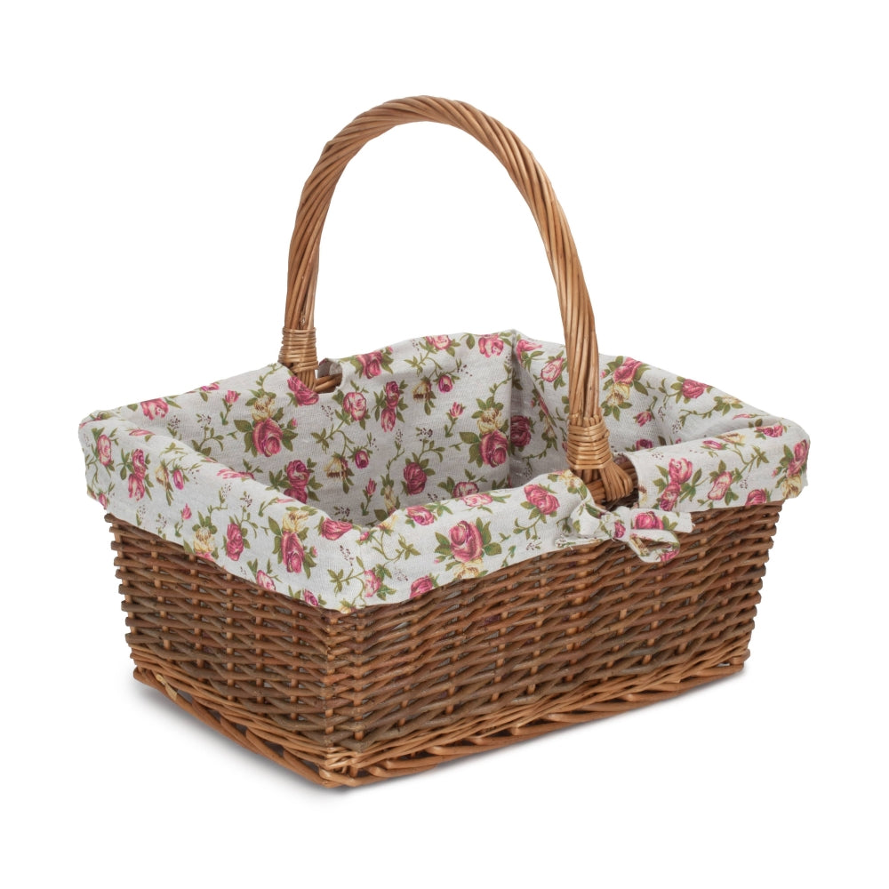 Red Hamper Rectangular Unpeeled Willow Shopping Basket With Garden Rose Lining