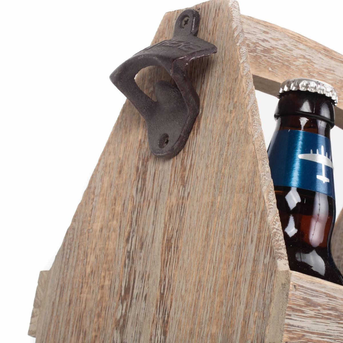 Oak Effect 4 Beer Bottle Carrier with Bottle Opener