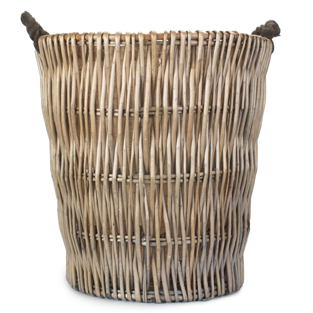 Tall Grey Round Hessian Lined Wicker Log Basket