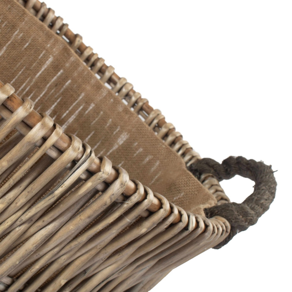 Tall Grey Round Hessian Lined Wicker Log Basket