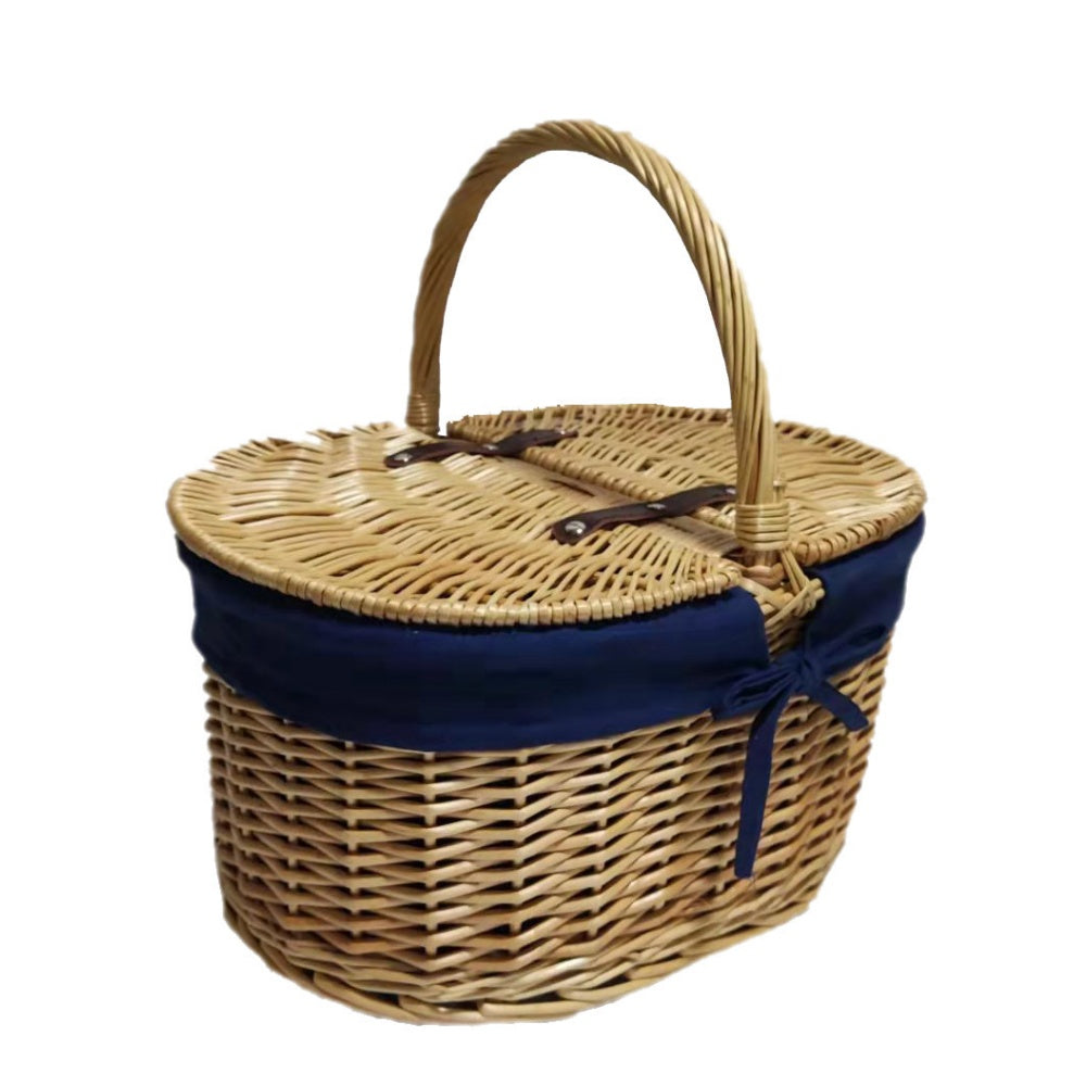 Ovaler Picknick-Einkaufskorb mit Deckel und marineblauem Futter