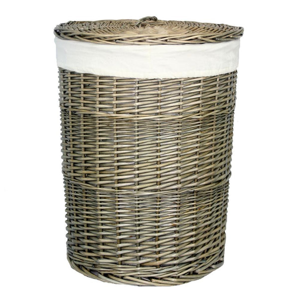 Antique Wash Round White Cotton Lined Laundry Basket