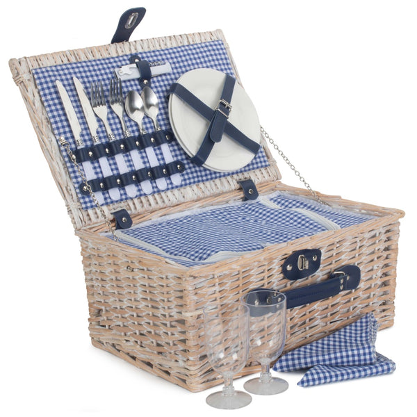 Blue and White Gingham 2 Person Fitted Wicker Picnic Basket Red Hamper