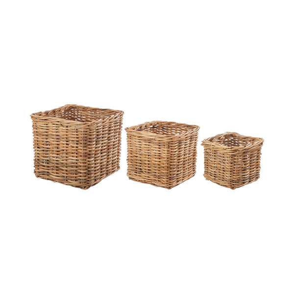 Set of 3 Chunky Natural Rattan Square Log Baskets