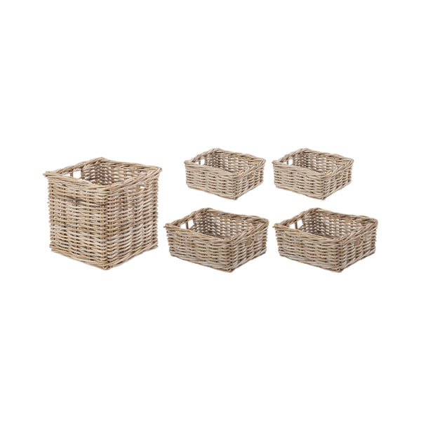 Set of 5 Grey Kubu Rattan Rectangular Storage Baskets