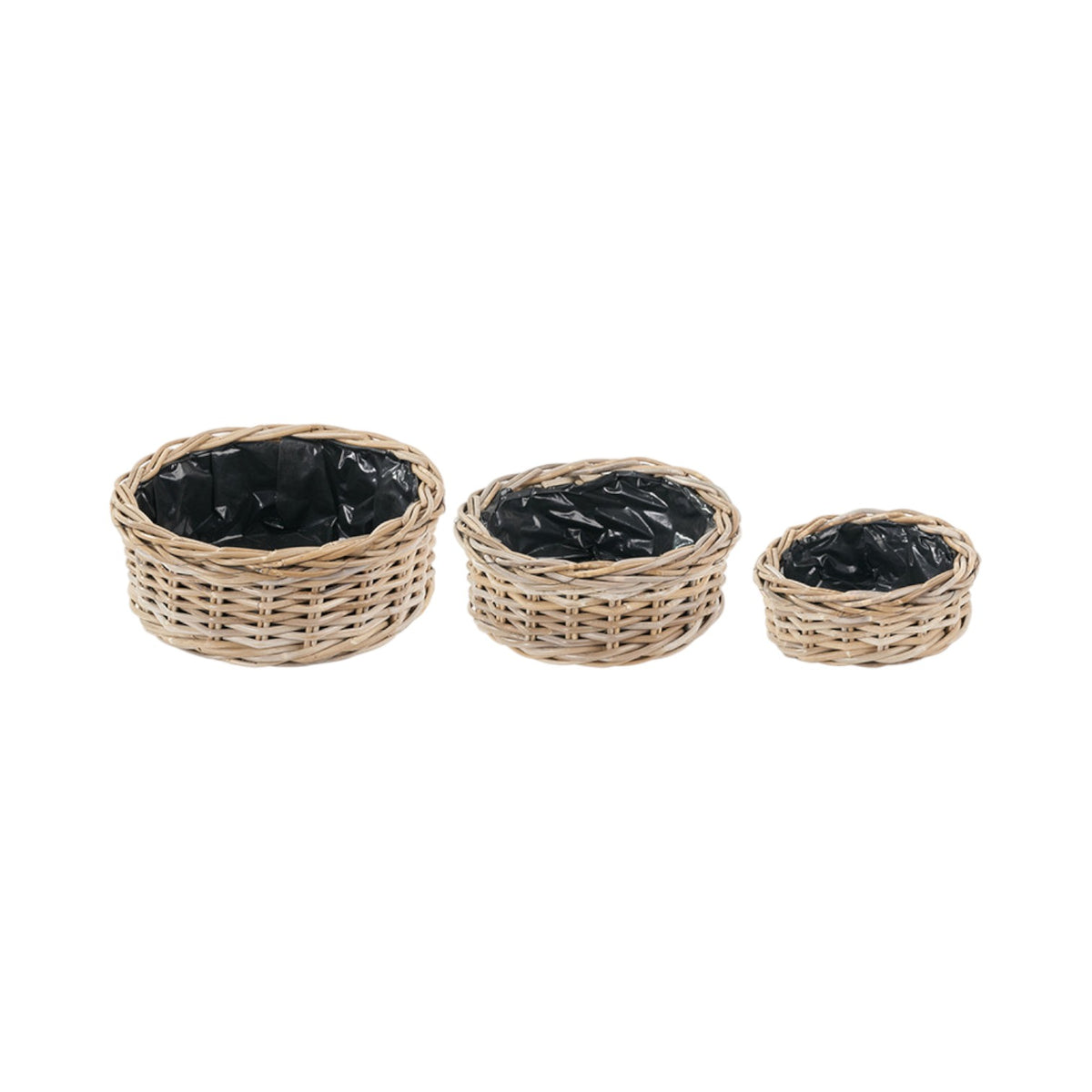 Set of 3 Indoor Outdoor Grey Kubu Rattan Round Basket Planters