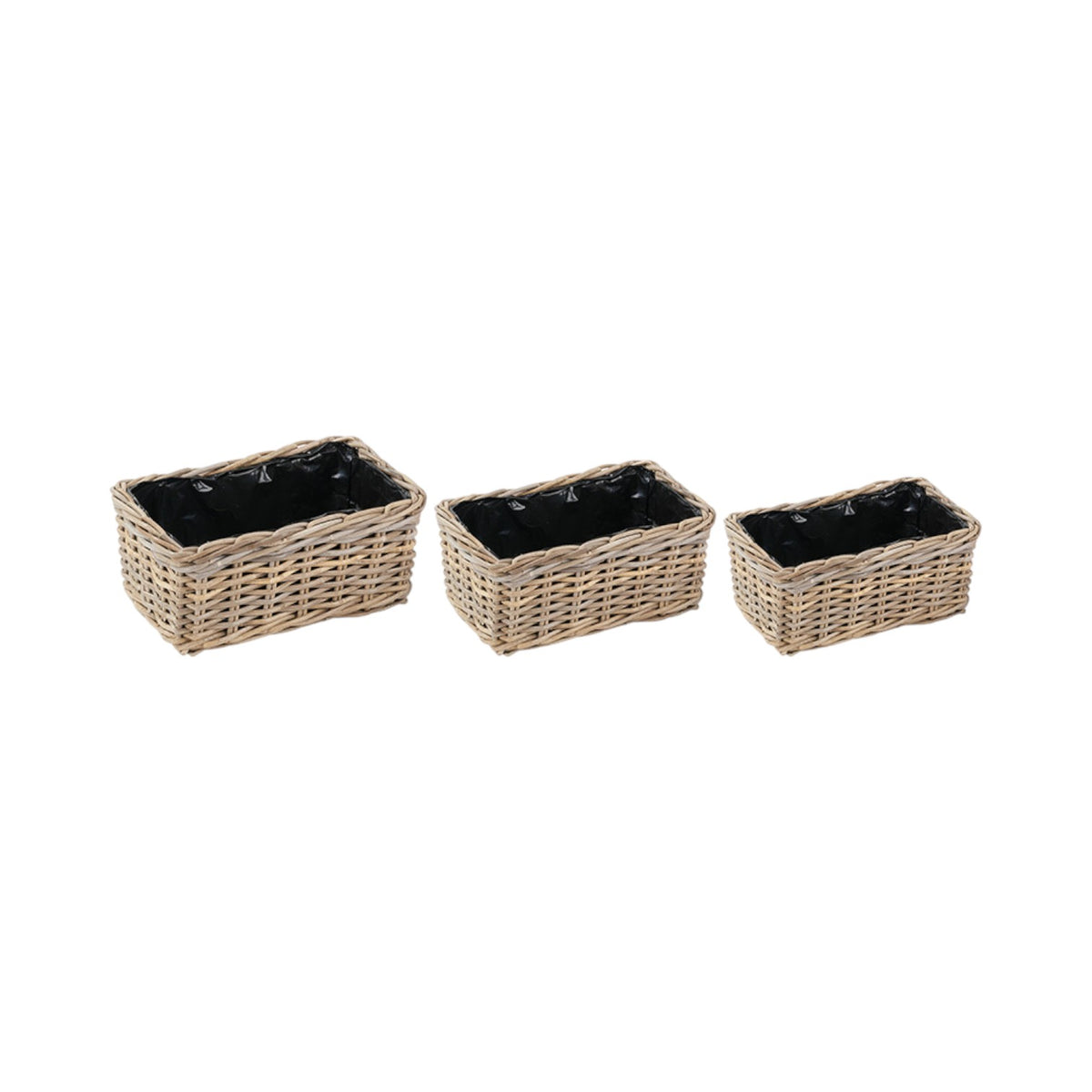 Set of 3 Indoor Outdoor Grey Kubu Rattan Rectangular Basket Planters
