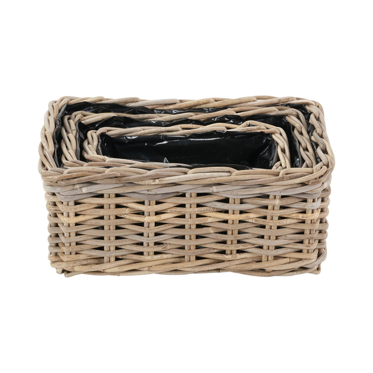 Set of 3 Indoor Outdoor Grey Kubu Rattan Rectangular Basket Planters
