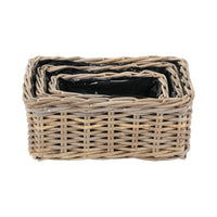 Set of 3 Indoor Outdoor Grey Kubu Rattan Rectangular Basket Planters