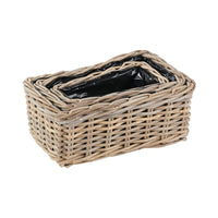 Set of 3 Indoor Outdoor Grey Kubu Rattan Rectangular Basket Planters