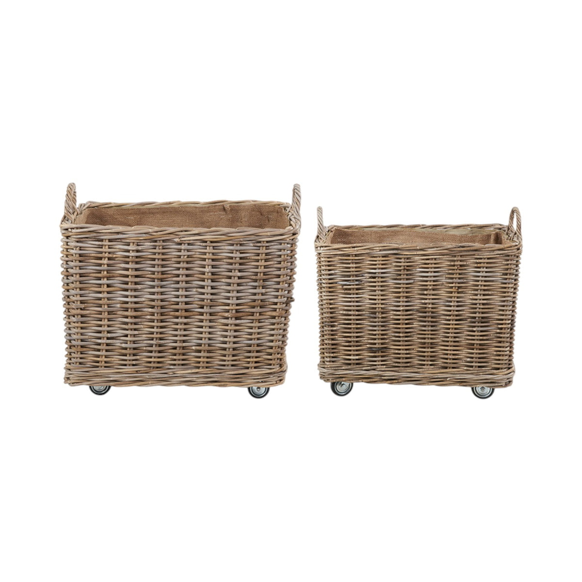 Set of 2 Grey Kubu Rattan Rectangular Wheeled Logs Baskets
