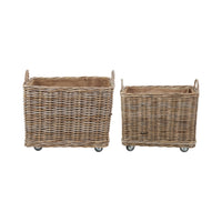 Set of 2 Grey Kubu Rattan Rectangular Wheeled Logs Baskets