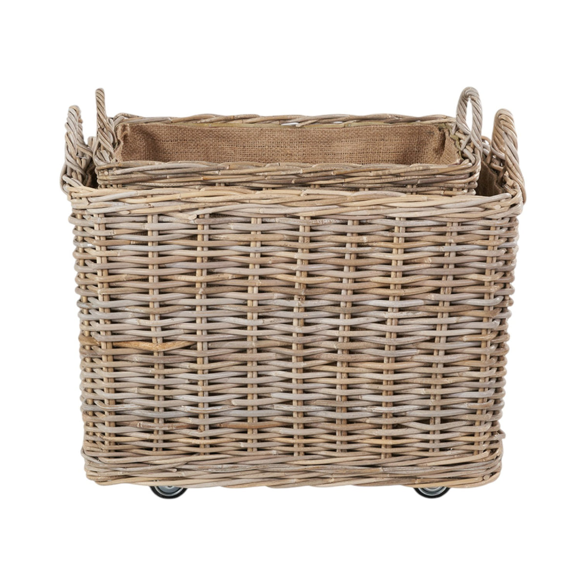 Set of 2 Grey Kubu Rattan Rectangular Wheeled Logs Baskets