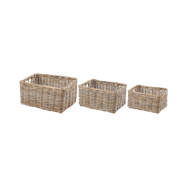 Set of 3 Grey Kubu Rattan Rectangular Storage Baskets with Inset Handles