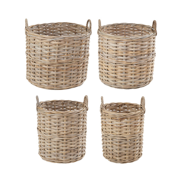 Set of 4 Grey Kubu Rattan Tall Round Storage Baskets