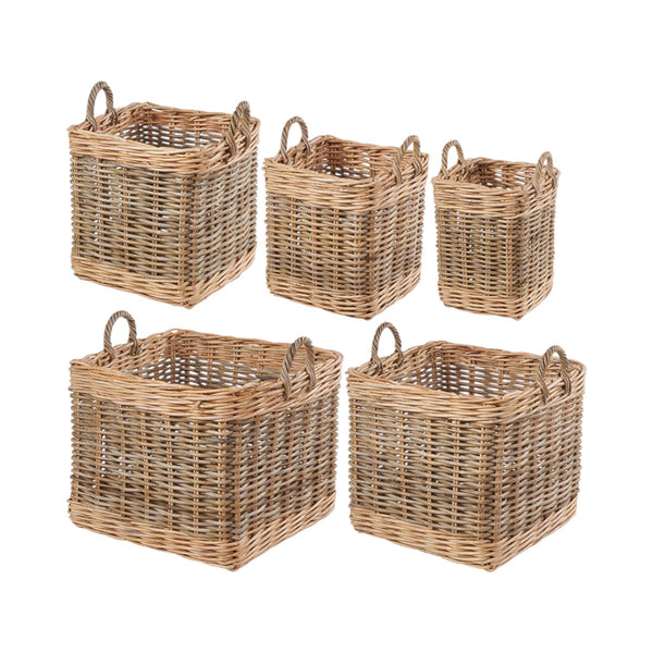 Set of 5 Grey and White Kubu Rattan Square Storage Baskets