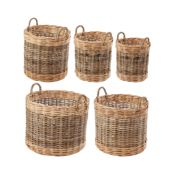 Set of 5 Grey and White Kubu Rattan Round Storage Baskets
