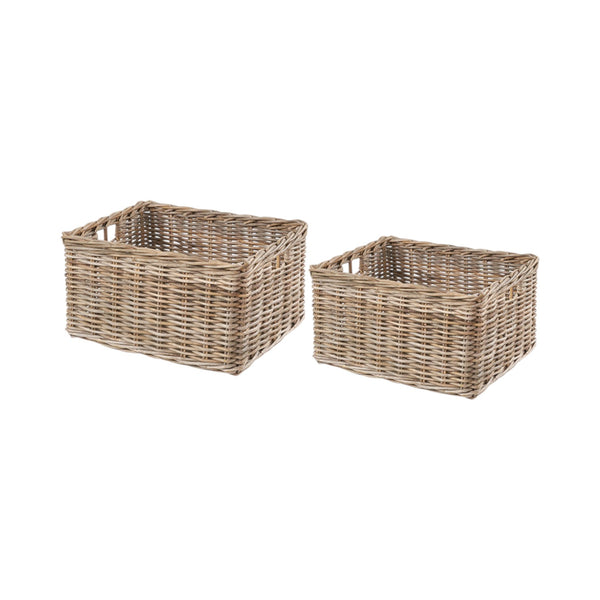 Set of 2 Grey Kubu Rattan Rectangular Storage Baskets with Inset Handles