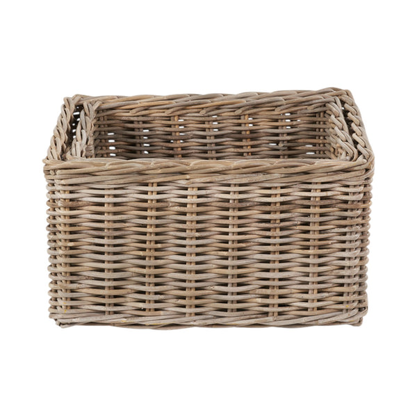 Set of 2 Grey Kubu Rattan Rectangular Storage Baskets with Inset Handles
