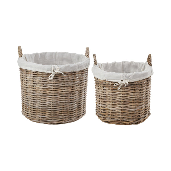 Set of 2 Grey Kubu Rattan Lined Round Log Baskets