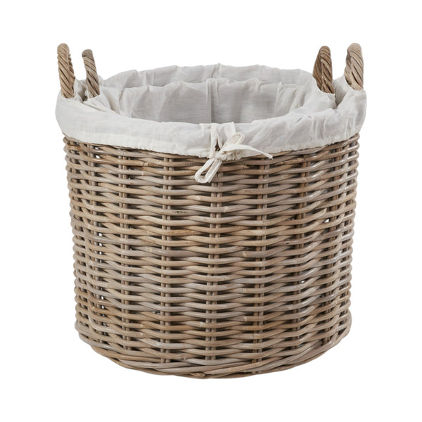 Set of 2 Grey Kubu Rattan Lined Round Log Baskets