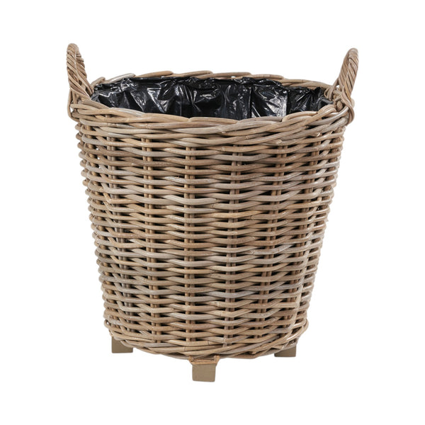 Indoor Outdoor Grey Kubu Rattan Round Basket Planter with Handles