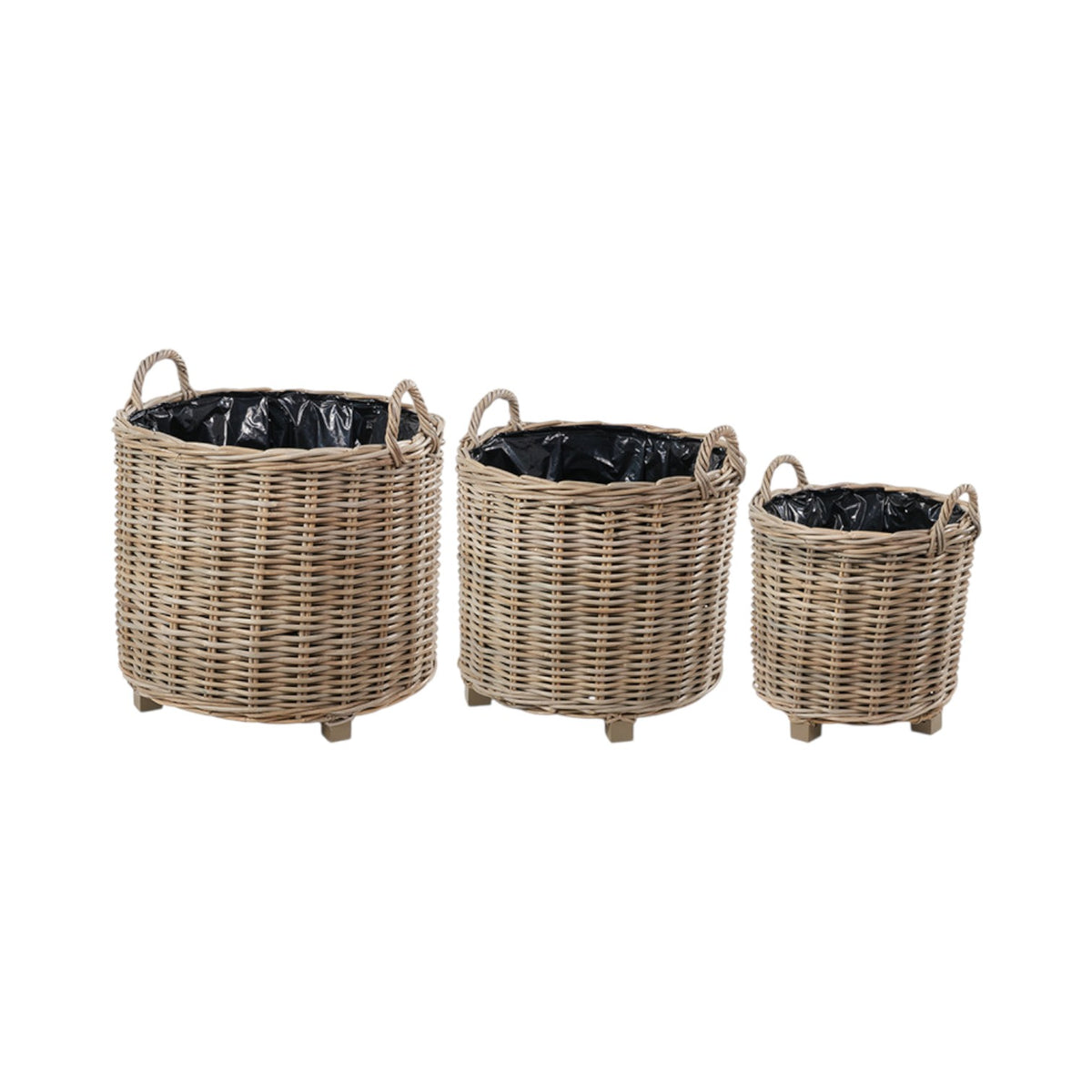 Set of 3 Indoor Outdoor Grey Kubu Rattan Round Basket Planters with Handles