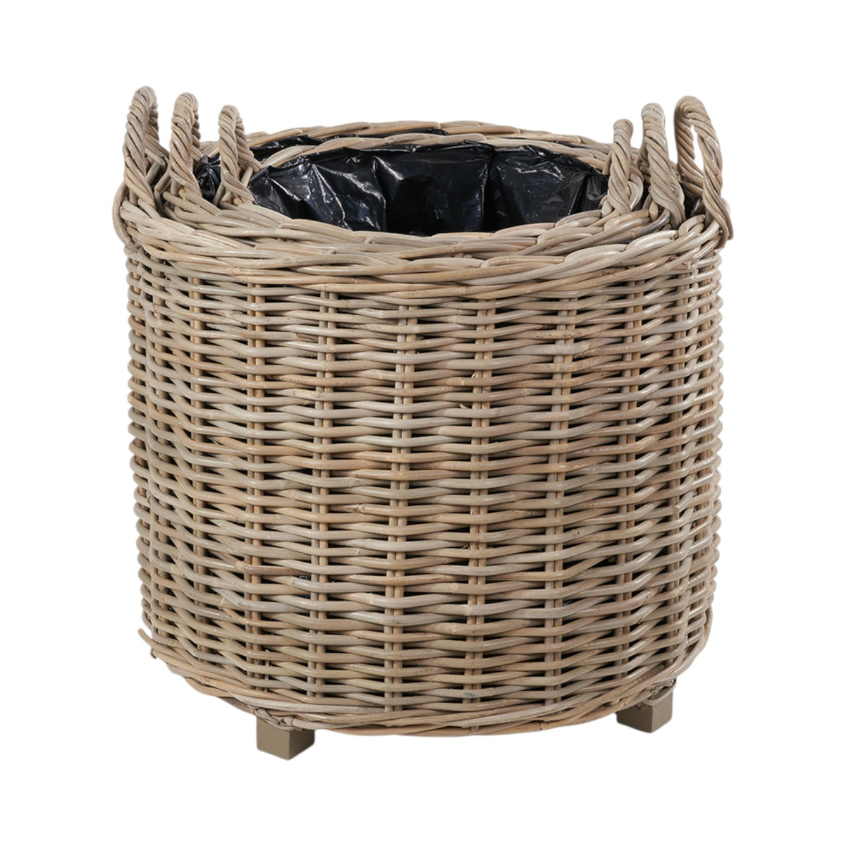 Set of 3 Indoor Outdoor Grey Kubu Rattan Round Basket Planters with Handles