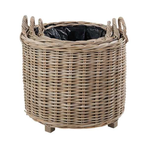 Set of 3 Indoor Outdoor Grey Kubu Rattan Round Basket Planters with Handles