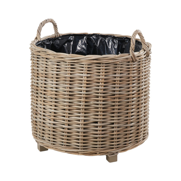 Set of 3 Indoor Outdoor Grey Kubu Rattan Round Basket Planters with Handles