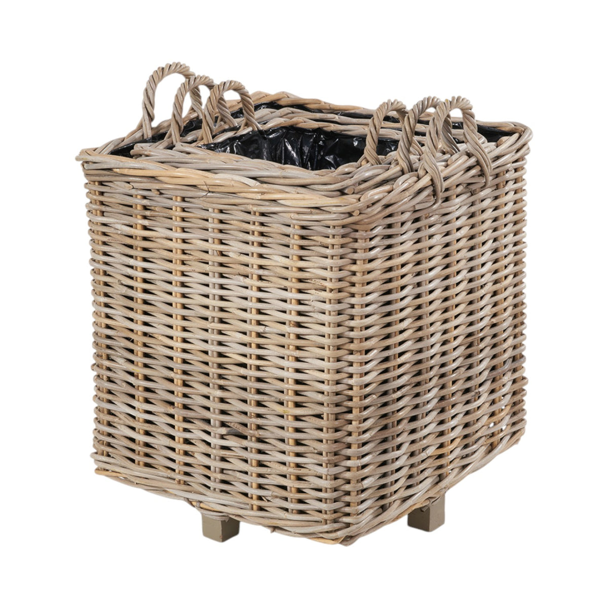 Set of 3 Indoor Outdoor Grey Kubu Rattan Square Basket Planters with Handles
