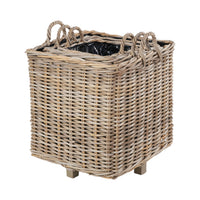 Set of 3 Indoor Outdoor Grey Kubu Rattan Square Basket Planters with Handles