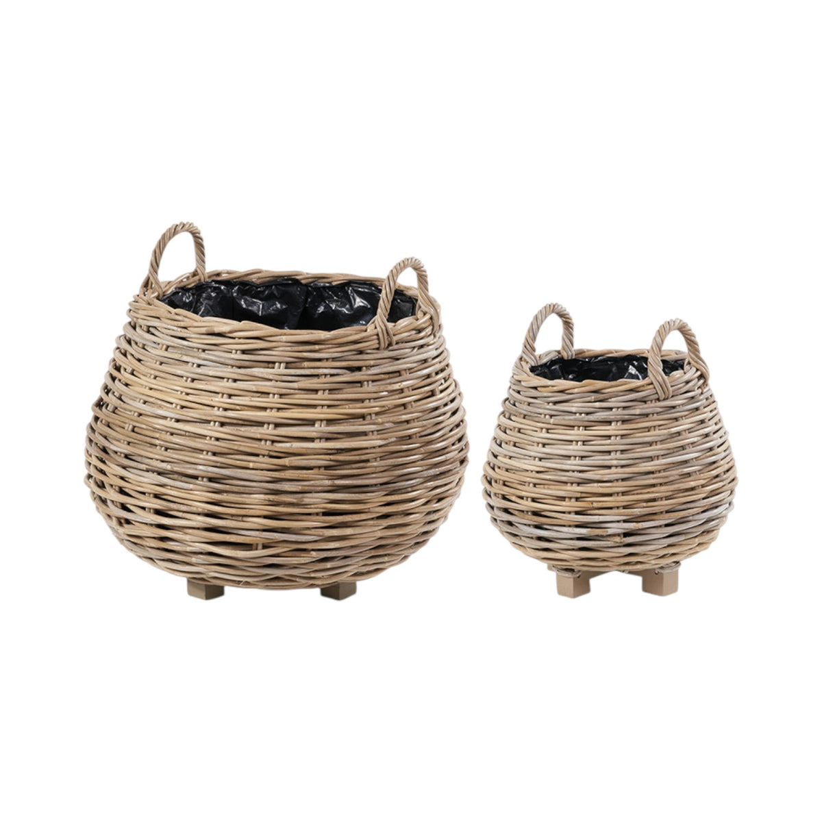 Set of 2 Indoor Outdoor Grey Kubu Rattan Bulbous Basket Planters