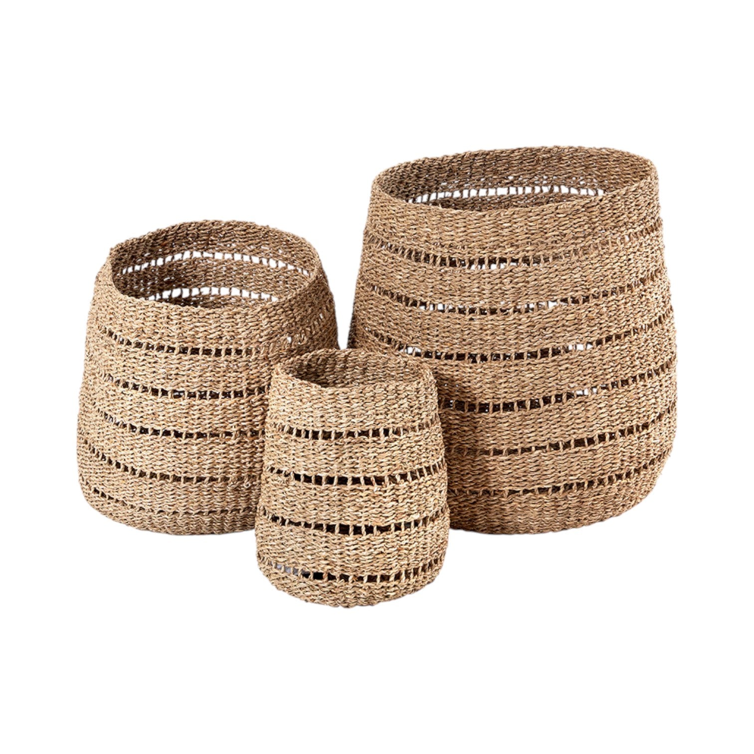 Set of 3 Seagrass Natural Round Baskets | Red Hamper