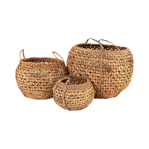Set of 3 Water Hyacinth Round Handled Baskets