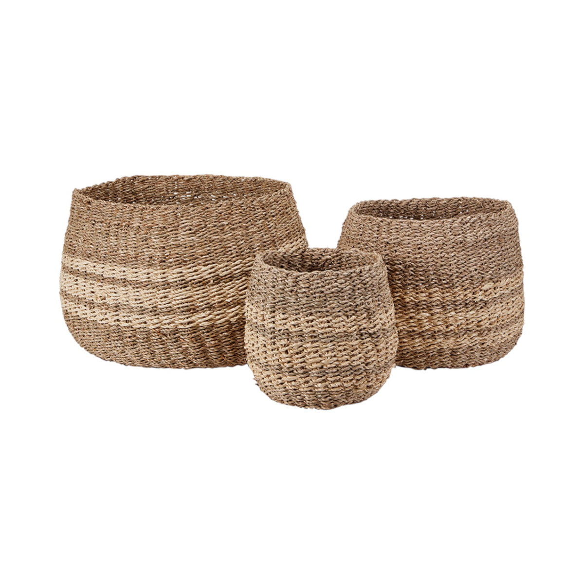 Set of 3 Two Tone Seagrass and Palm Leaf Natural Round Baskets