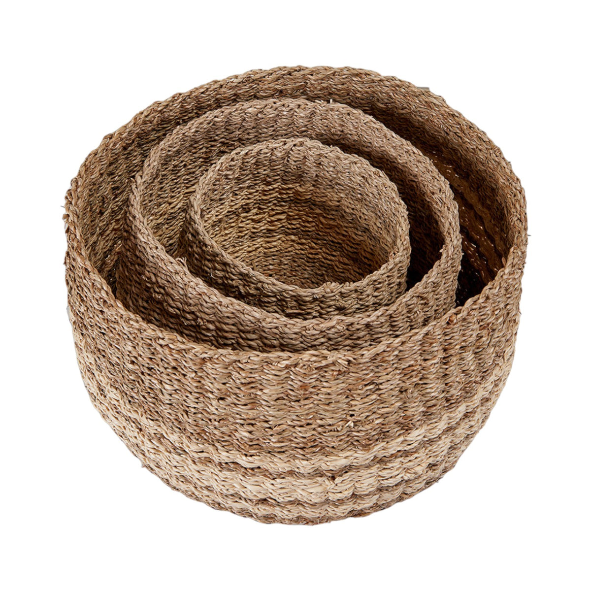 Set of 3 Two Tone Seagrass and Palm Leaf Natural Round Baskets