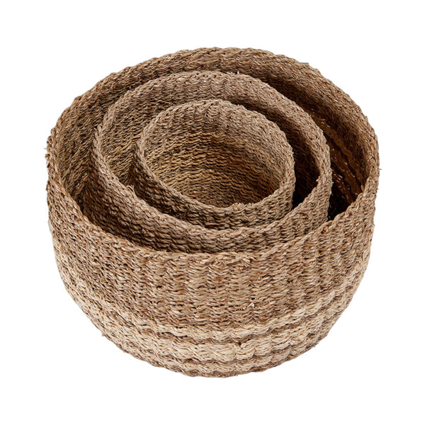 Set of 3 Two Tone Seagrass and Palm Leaf Natural Round Baskets