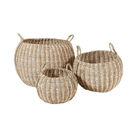 Set of 3 Seagrass and Palm Leaf Natural Striped Round Baskets