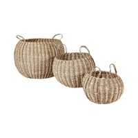 Set of 3 Seagrass and Palm Leaf Natural Striped Round Baskets
