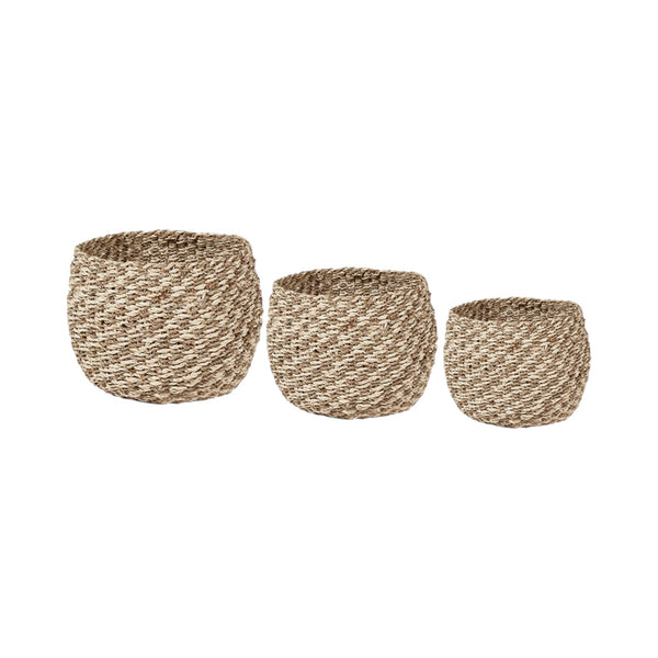 Set of 3 Seagrass and Palm Leaf Two Tone Natural Plaited Round Baskets