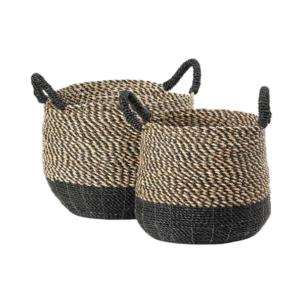 Set of 2 Seagrass Natural and Black Round Handled Baskets
