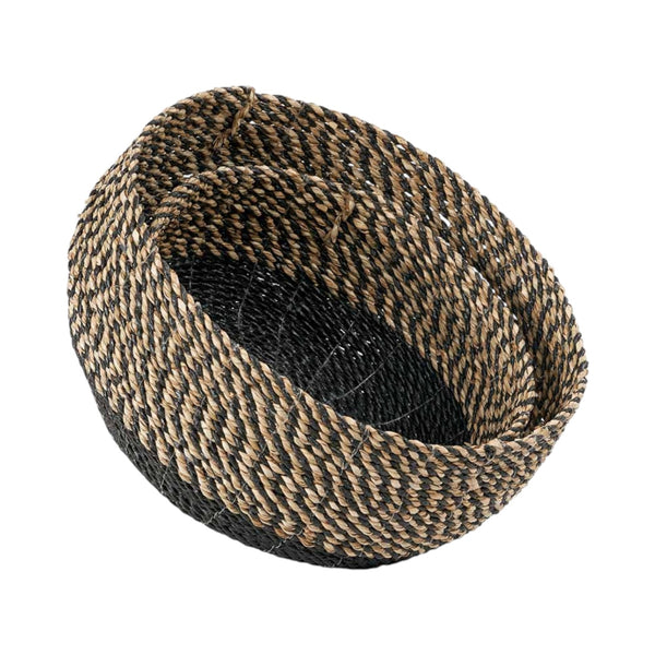 Set of 2 Seagrass Natural and Black Round Baskets