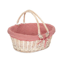 Whitewash Swing Handle Wicker Shopping Basket with Red and White Checked Lining