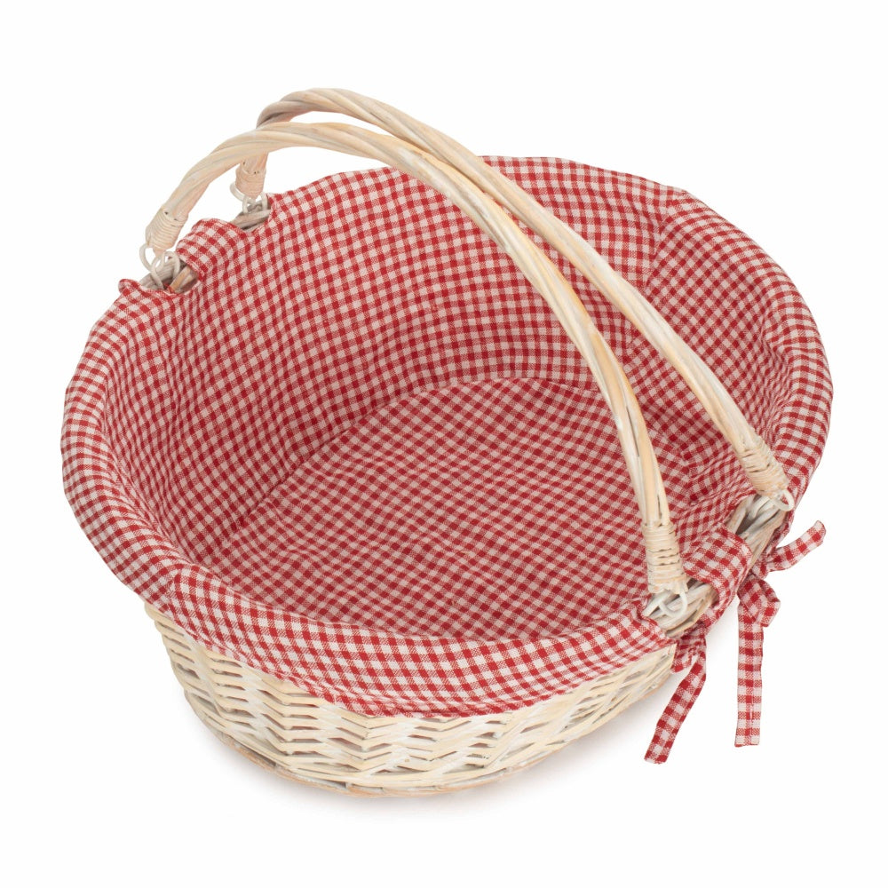Whitewash Swing Handle Wicker Shopping Basket with Red and White Checked Lining