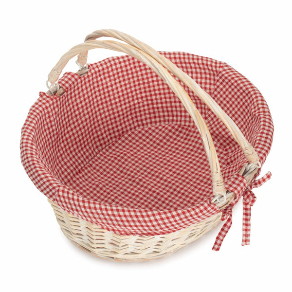Whitewash Swing Handle Wicker Shopping Basket with Red and White Checked Lining